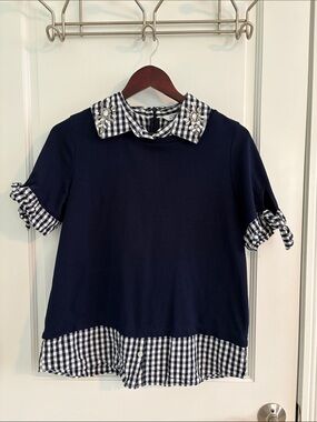 Women’s Crown & Ivy Navy Knit Top with Gingham Collar and Trim